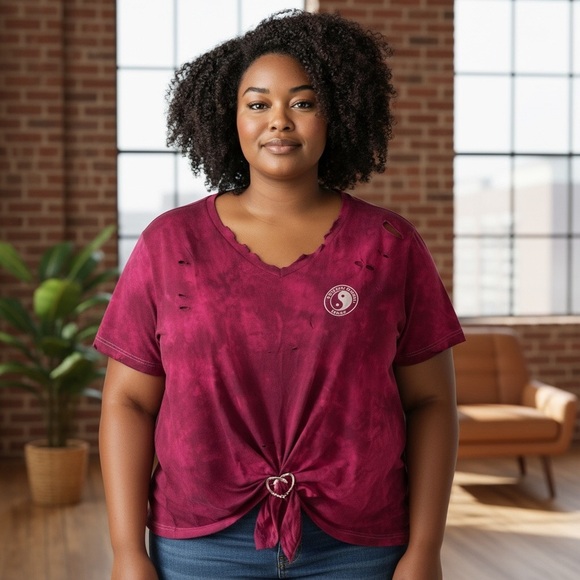 T&C Surf Shop Tee VW Van Beach Scene distressed XL Burgundy Tie-Dye Short Sleeve - Picture 5 of 7